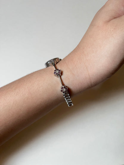 Cute and Dainty Silver Tone Anne Klein Watch with Purple Flower Rhinestones Accent