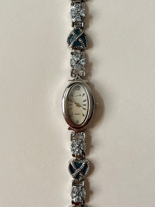 Very Astonishing and Unique Sterling Silver Watch with Blue Heart-Shaped Gemstones Accent
