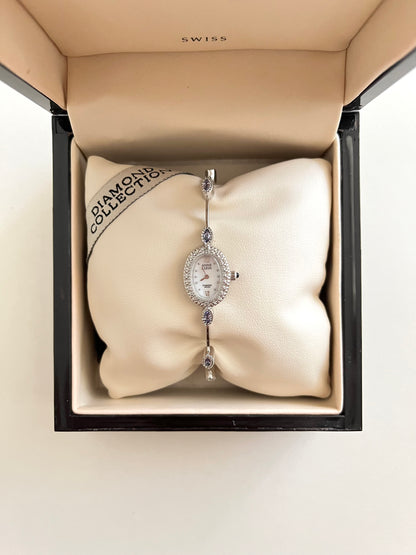 Very Dainty Silver Tone Swiss Watch with Real Diamond and Light Purple Stone Accents