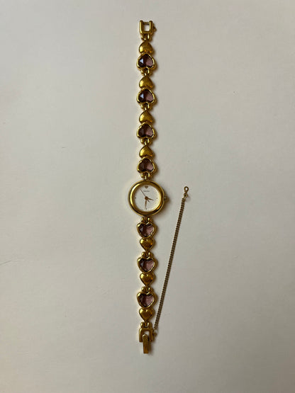 Extremely Rare Gold Tone Watch with Purple Crystals and Heart Shaped Links