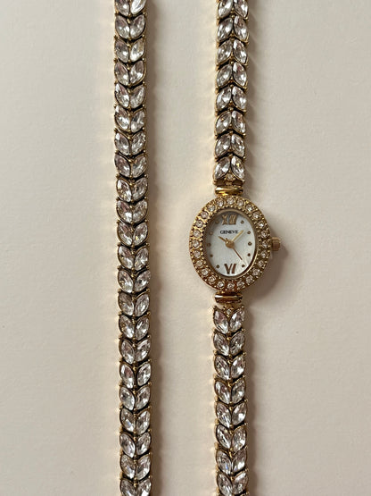 Astonishing Gold Tone Watch and Bracelet Set with Marquise Cut Gem Encrusted Band