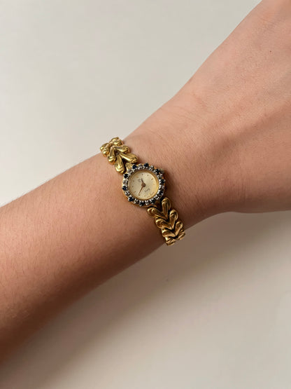 Beautiful Vintage Gold Tone Swiss Watch with Interchangeable Rubies and Sapphires Inset Bezels