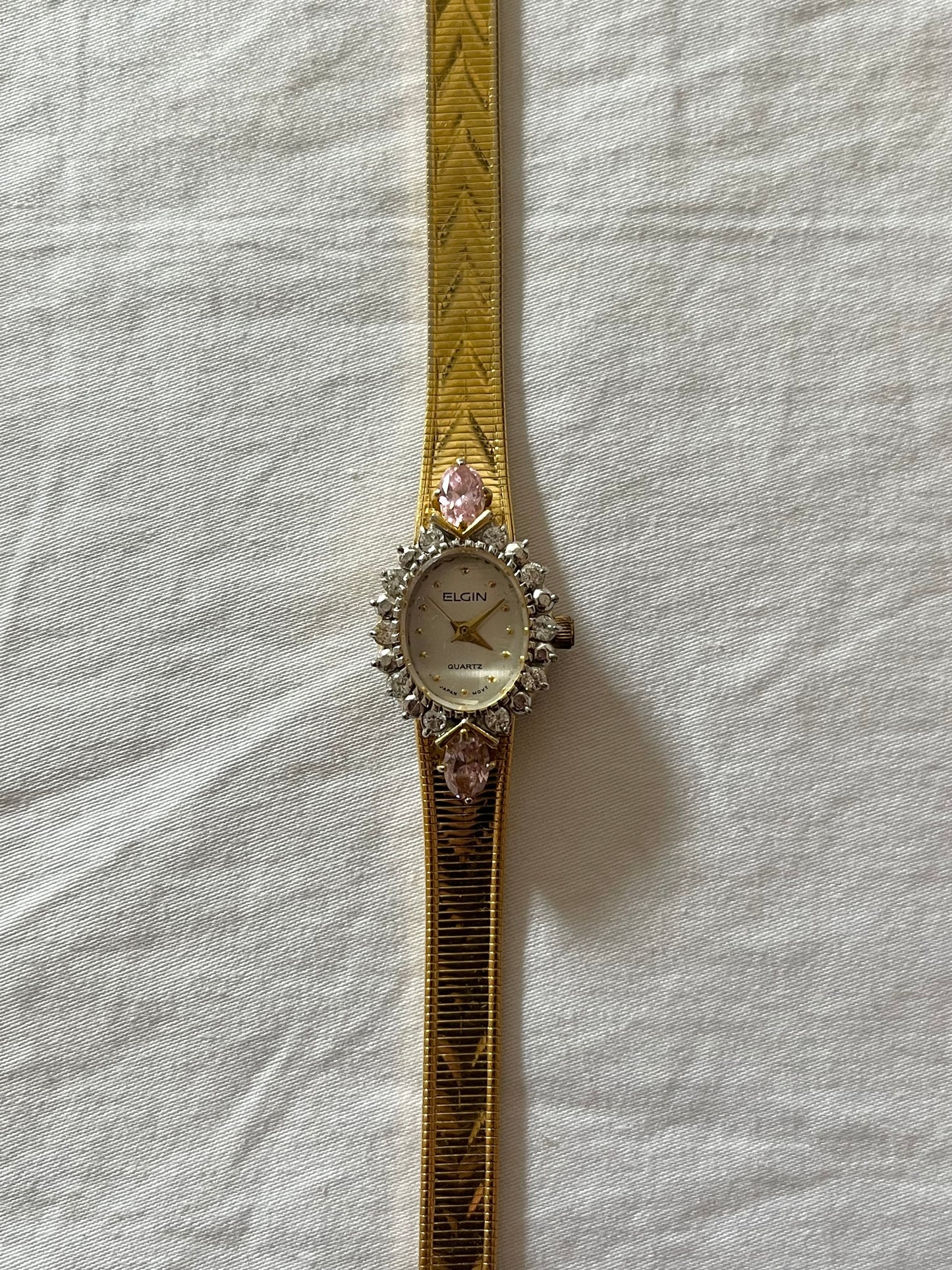 Stunning Coquette Style Gold Tone Watch with Pink Gemstones