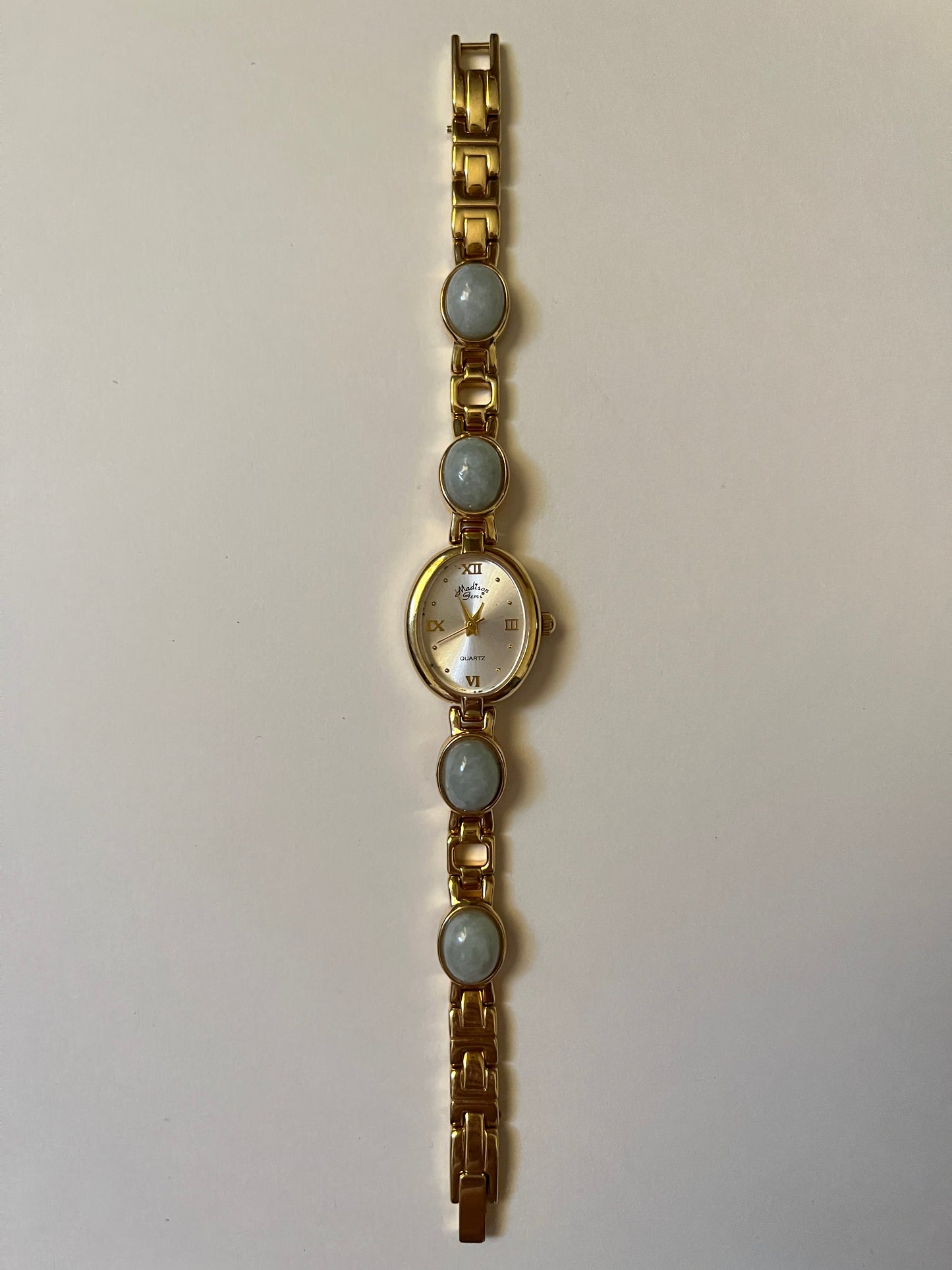 Very Rare Gold Tone Watch with Oval Dial and Jade Stones Inlaid Band