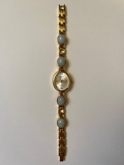 Very Rare Gold Tone Watch with Oval Dial and Jade Stones Inlaid Band