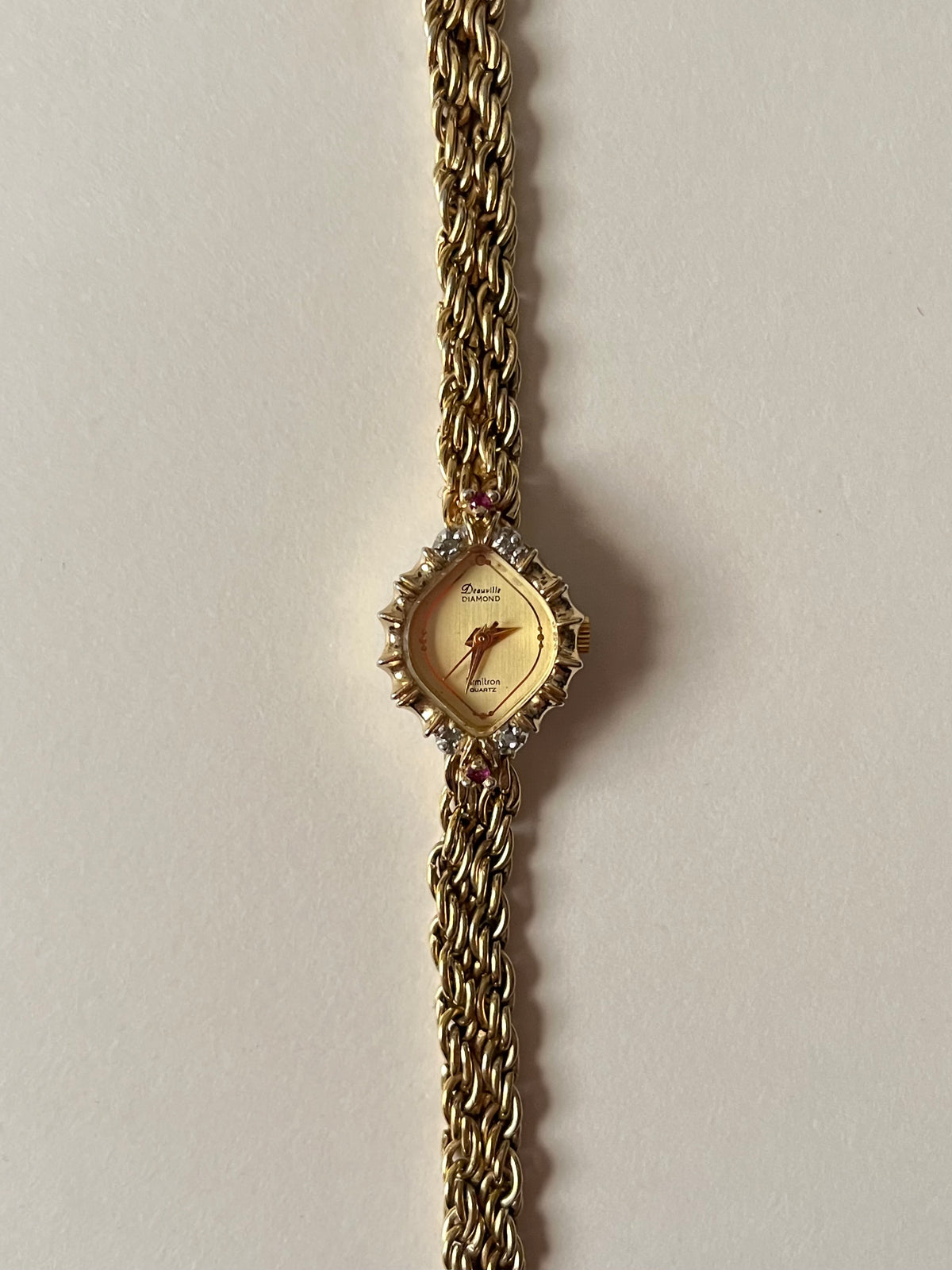 Beautiful Vintage Gold Tone Cocktail Dress Watch with Diamonds and Rubies Accent