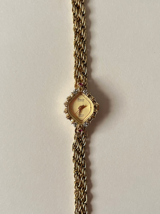 Beautiful Vintage Gold Tone Cocktail Dress Watch with Diamonds and Rubies Accent