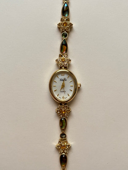 Beautiful and Dainty Gold Tone Watch with Abalone and Rhinestones Accents