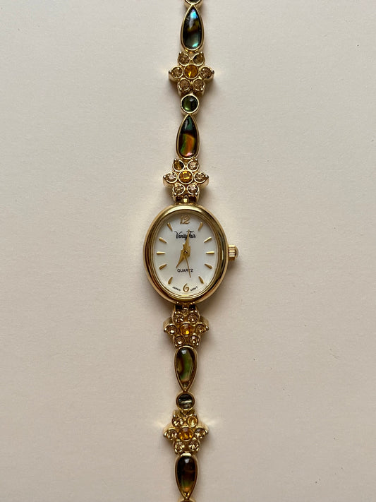 Beautiful and Dainty Gold Tone Watch with Abalone and Rhinestones Accents