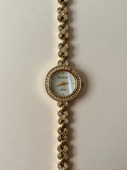 Lovely Gold Tone Armitron Now Watch with Rhinestones Encrusted Bezel and Bracelet