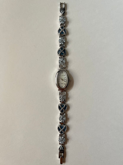 Very Astonishing and Unique Sterling Silver Watch with Blue Heart-Shaped Gemstones Accent