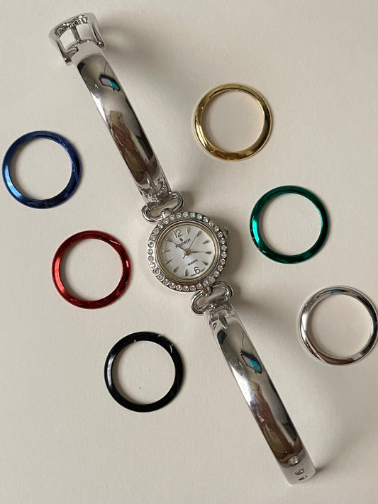 Loveliest Silver Tone Cuff Watch with Interchangeable Bezels
