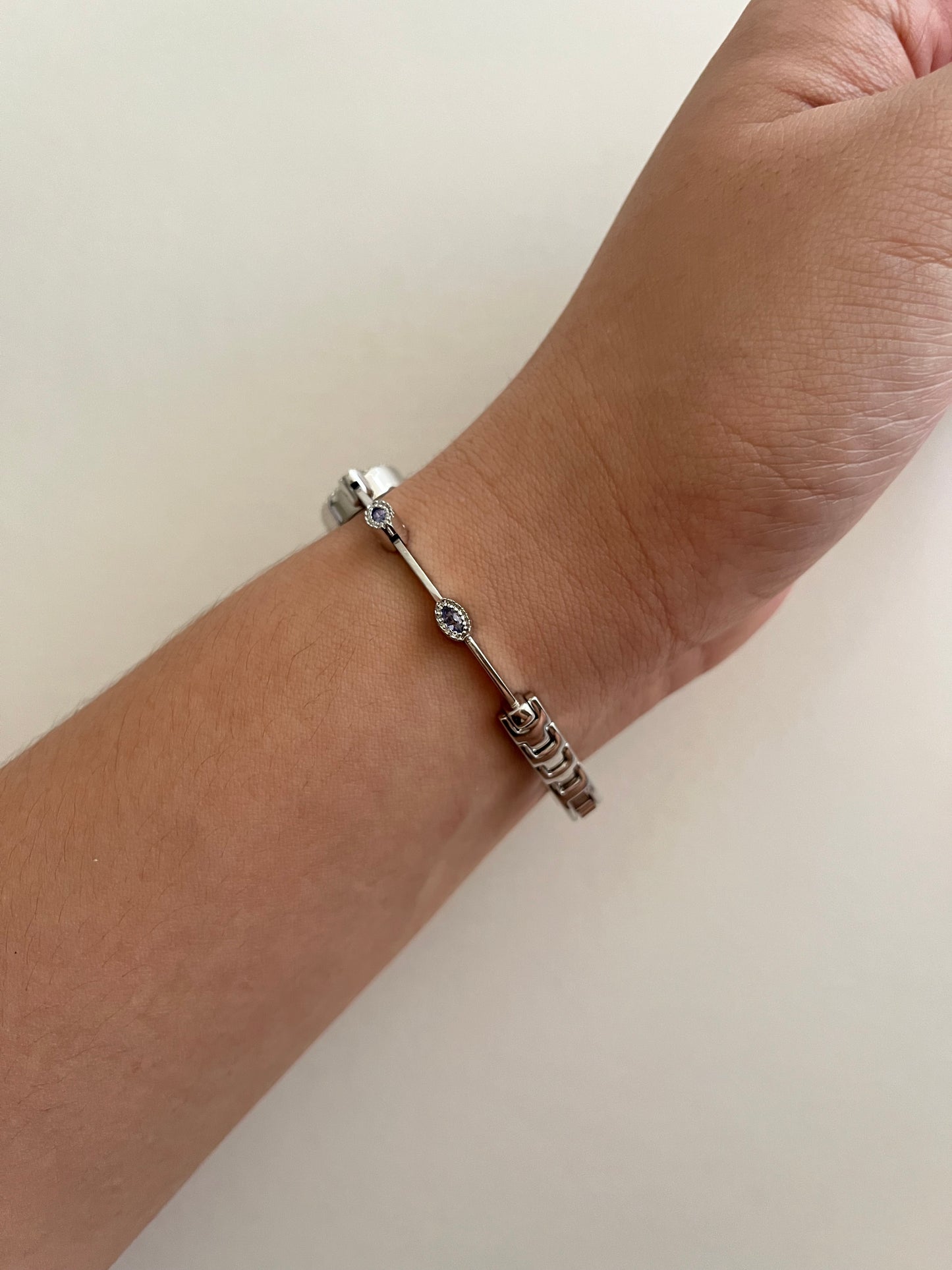 Very Dainty Silver Tone Swiss Watch with Real Diamond and Light Purple Stone Accents