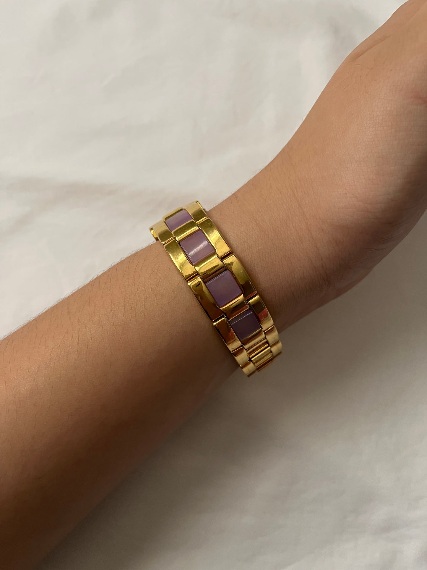 Stunning Gold Tone Watch with Purple Jade Inlay Band