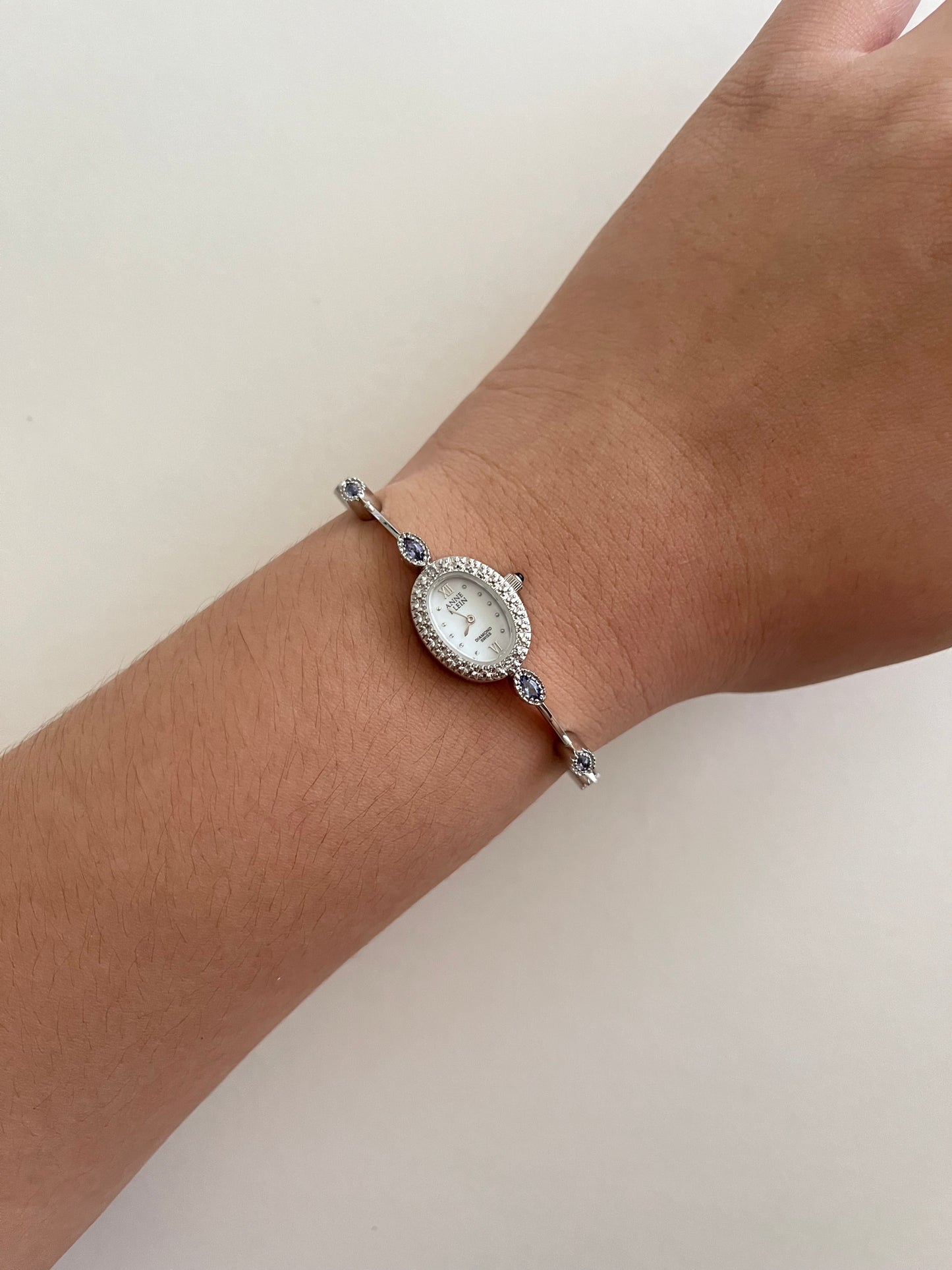 Very Dainty Silver Tone Swiss Watch with Real Diamond and Light Purple Stone Accents