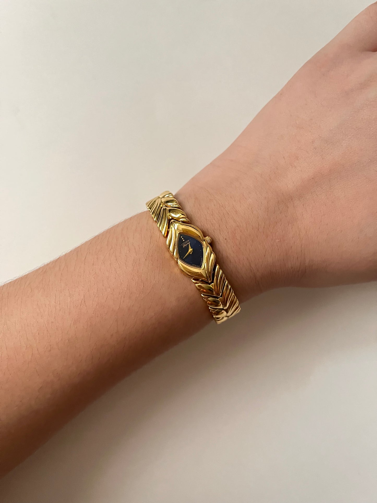 Extremely Rare and Ornate Vintage Gold Tone Citizen Watch with Navy Blue Dial