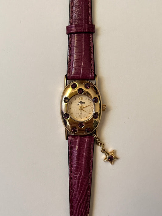 Lovely Gold Tone Leather Watch with Tiny Star Charm and Purple Stone Accents
