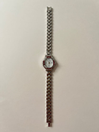 Beautiful Silver Tone Watch with Oval Dial and Gorgeous Red Gems Accent