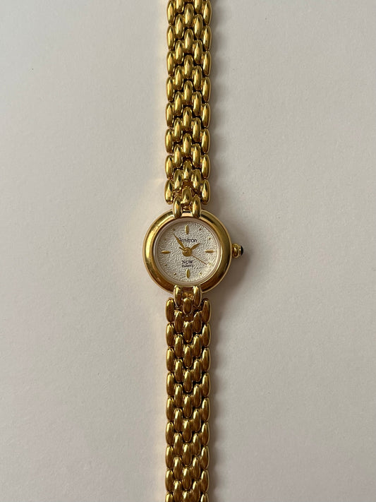 Beautiful Gold Tone Watch with Dainty Round Textured Dial
