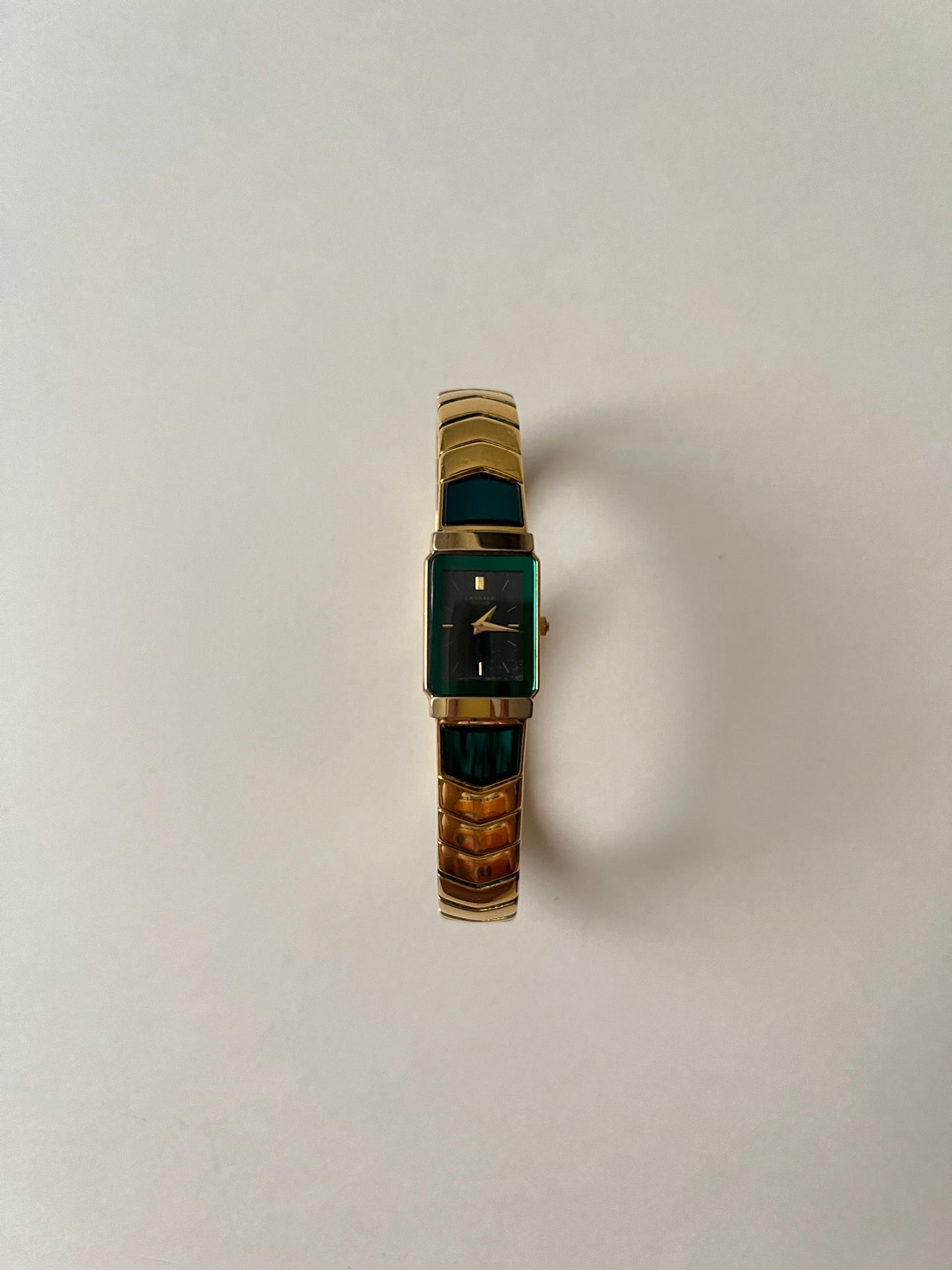 Absolutely Stunning Gold Tone Lassale by Seiko Watch with Emerald Green Accent