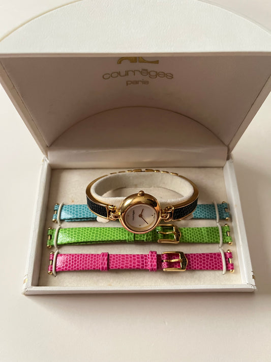 Super Fun and Chic Vintage Gold Tone Swiss Watch with Interchangeable Leather Straps