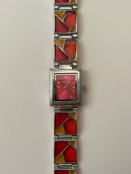 Silver Tone Watch with Red Dial and Mosaic Tiles Band Design