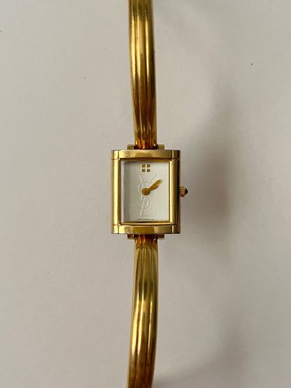 Elegant Gold Tone Yves Saint Laurent Tank Style Cuff Watch