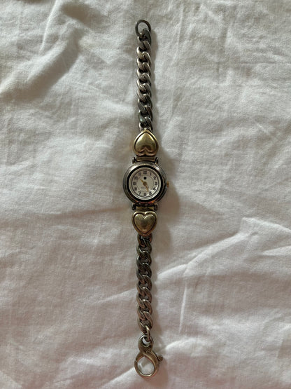 925 Silver Tone Swiss Watch with Chain Style Band and Golden Heart Accent (Not working, for style only)