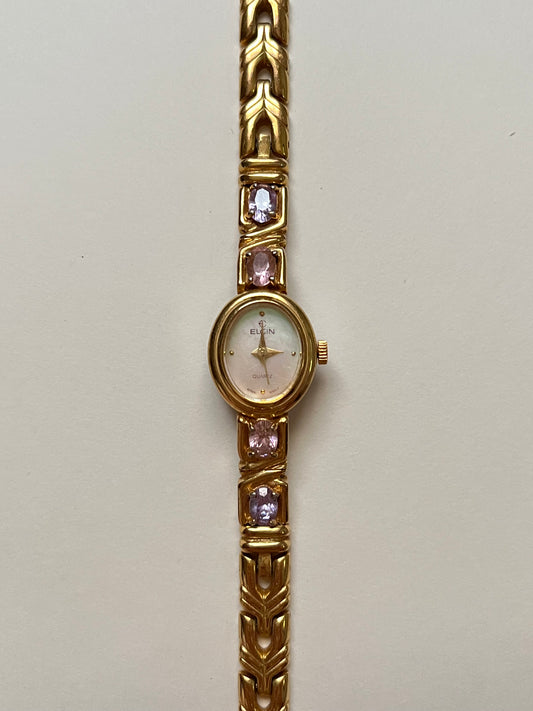 Gorgeous Gold Tone Watch with Pink and Purple Gems Accent