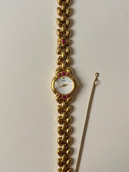 Extremely Rare and Astonishing Gold Tone Seiko Watch with Real Rubies Accent
