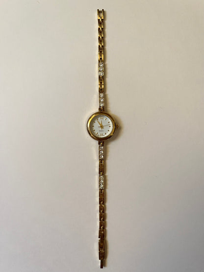 Dainty Gold Tone Watch with Round Dial and Rhinestones Accent