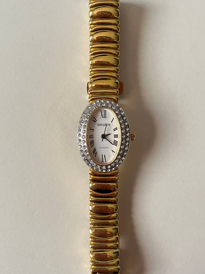Stunning Gold Tone Watch with Bejeweled Oval Dial (A Cartier Baignoire Homage)