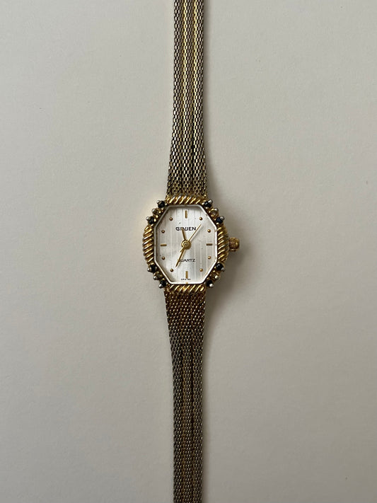 Gold Tone Watch with Octagonal Dial with Rhinestones and Sapphires