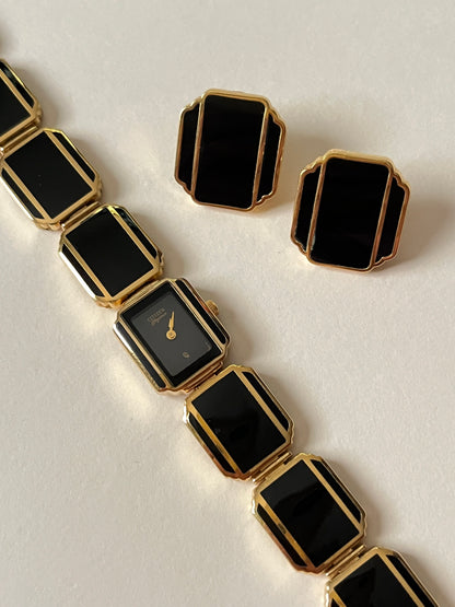 Extremely Rare Vintage 90s Chic Gold Tone Citizen Watch and Earrings Set with Black Enamel Design