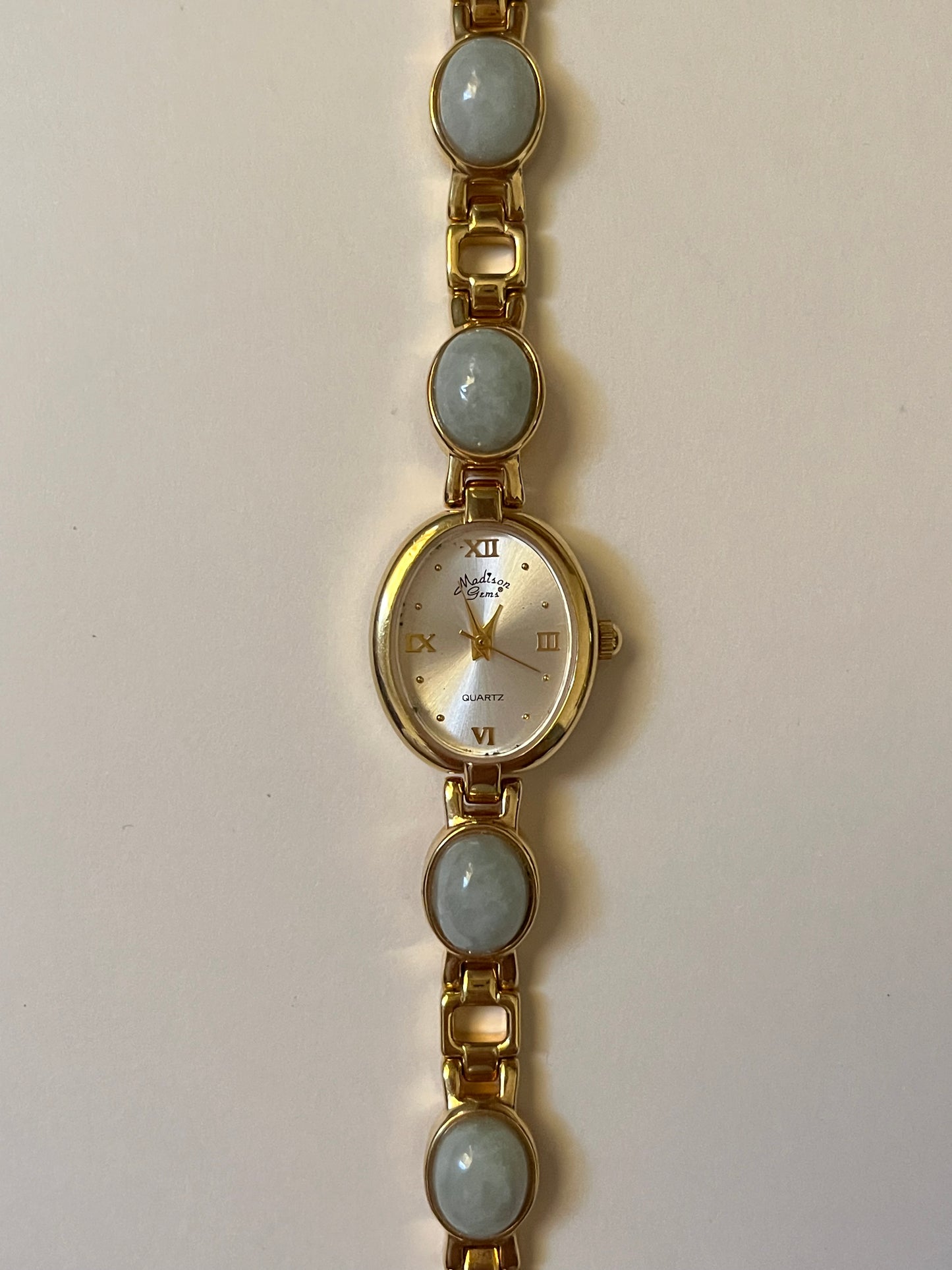 Very Rare Gold Tone Watch with Oval Dial and Jade Stones Inlaid Band