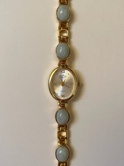 Very Rare Gold Tone Watch with Oval Dial and Jade Stones Inlaid Band