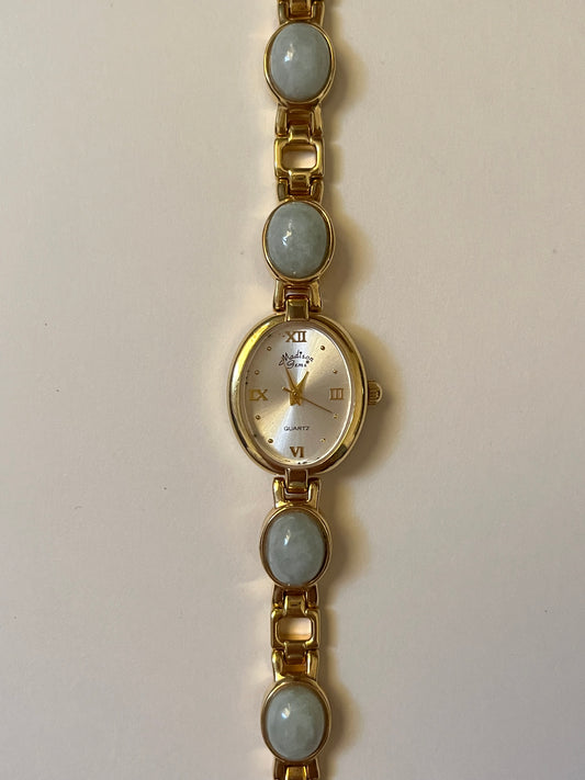 Very Rare Gold Tone Watch with Oval Dial and Jade Stones Inlaid Band