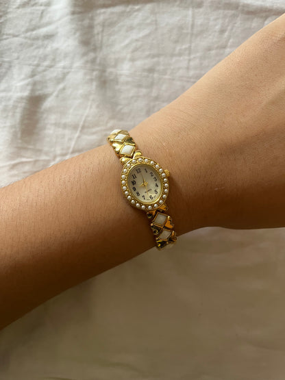 Beautiful Gold Tone Watch with White Pearl Accents