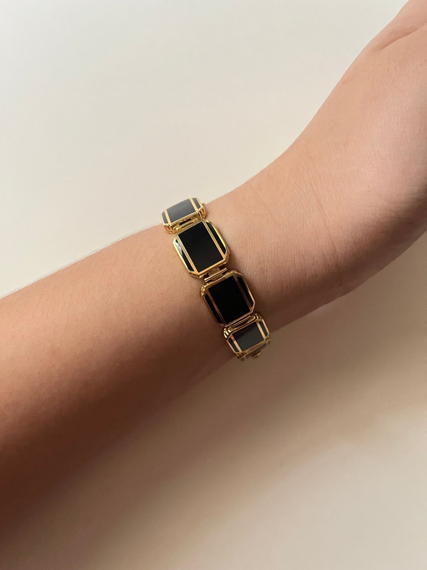 Extremely Rare Vintage 90s Chic Gold Tone Citizen Watch and Earrings Set with Black Enamel Design