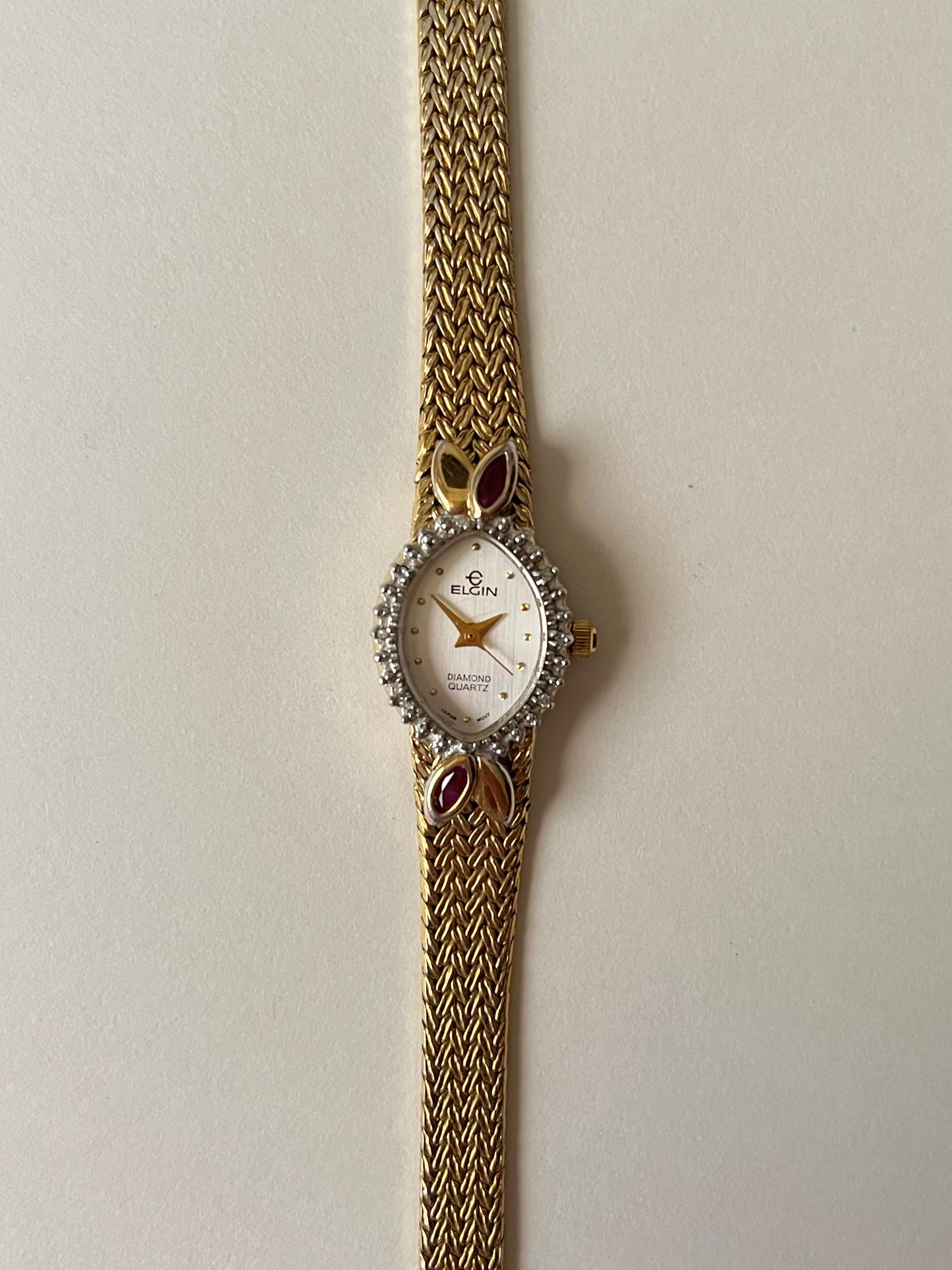 Beautiful Vintage Gold Tone Watch with Diamonds and Rubies Accent