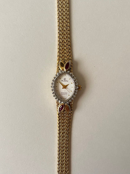 Beautiful Vintage Gold Tone Watch with Diamonds and Rubies Accent
