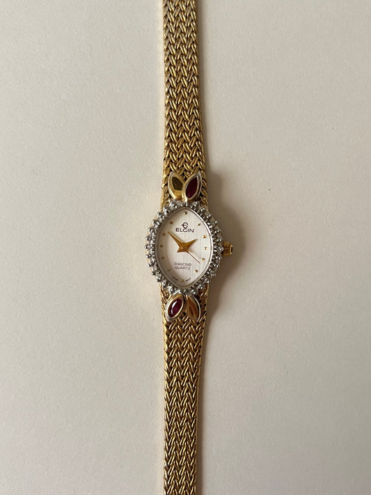 Beautiful Vintage Gold Tone Watch with Diamonds and Rubies Accent