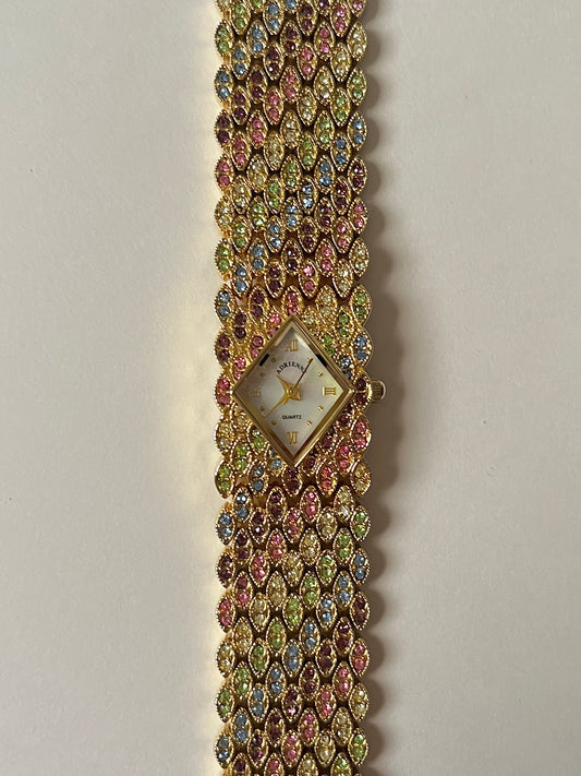 Astonishing Gold Tone Swarovski Crystals Encrusted Watch and Diamond-Shaped Dial