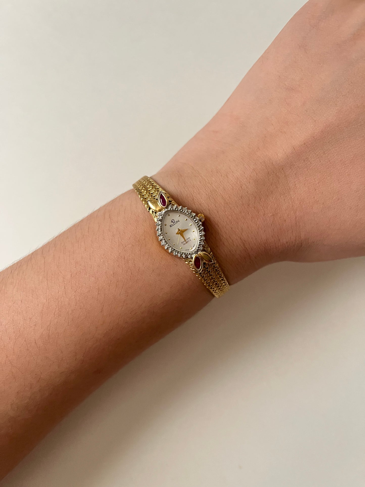 Beautiful Vintage Gold Tone Watch with Diamonds and Rubies Accent