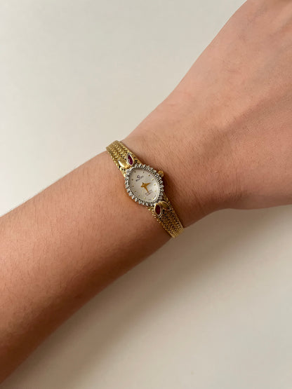 Beautiful Vintage Gold Tone Watch with Diamonds and Rubies Accent