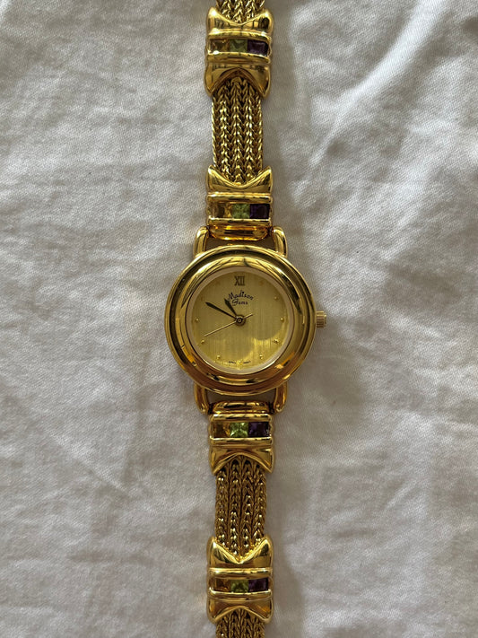 Lovely Gold Tone Watch with Genuine Multi-Gems Inlay Band