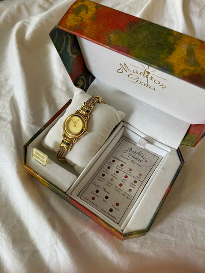 Lovely Gold Tone Watch with Genuine Multi-Gems Inlay Band