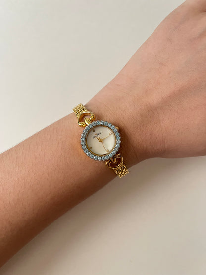 Stunning Gold Tone Watch with Blue Stones Bejeweled Round Dial