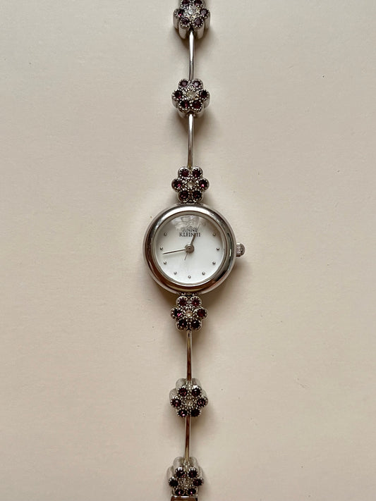 Cute and Dainty Silver Tone Anne Klein Watch with Purple Flower Rhinestones Accent