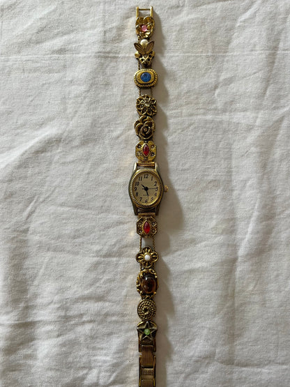 Very Rare Gold Tone Victorian Style Slider Watch with Various Stones